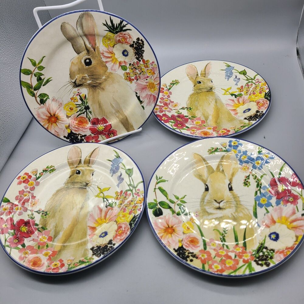 Set (4) Pottery Barn Easter Floral Bunny Salad Plates 8.25" New